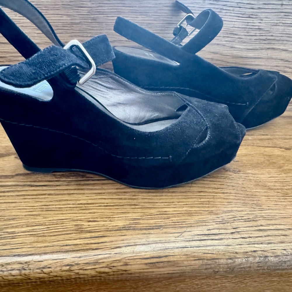 Stuart Weitzman Black Suede Platform Wedge Sandals 8.5